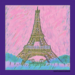 Ladies scarf with a sketched image of the Eiffel Tower in pink, purple and teal