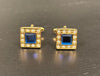 Gold square cufflinks with blue sapphire crystal in the center outlined by diamonds