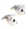 Four aces cufflinks in silver with red heart and diamond logos and front black ace of spades