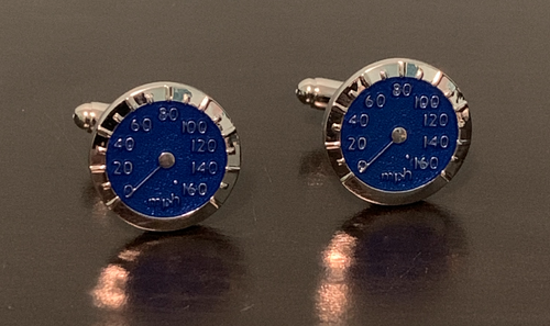 Blue speedometer cufflinks in silver setting