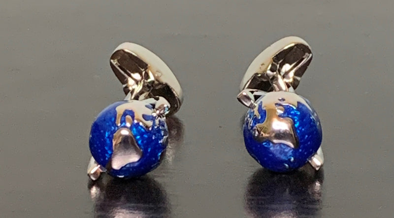 Blue globe with silver continents silver cufflinks