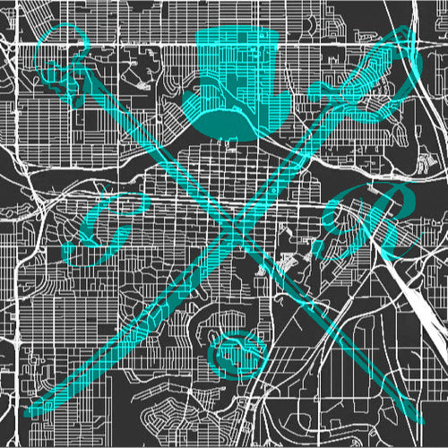 Vector map of Calgary in black and white with the Gentleman Rogue logo superimposed on top in teal