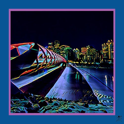 Calgary Peace bridge at night silk pocket square in shades of navy blue, red and gold