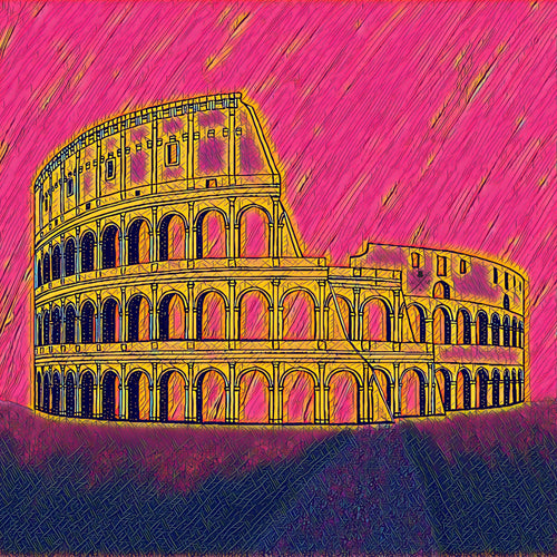 Sketch of the Colosseum in pink, gold and indigo