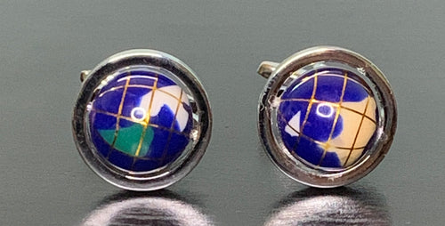 Dark blue globe cufflinks with enamel continents in silver frame