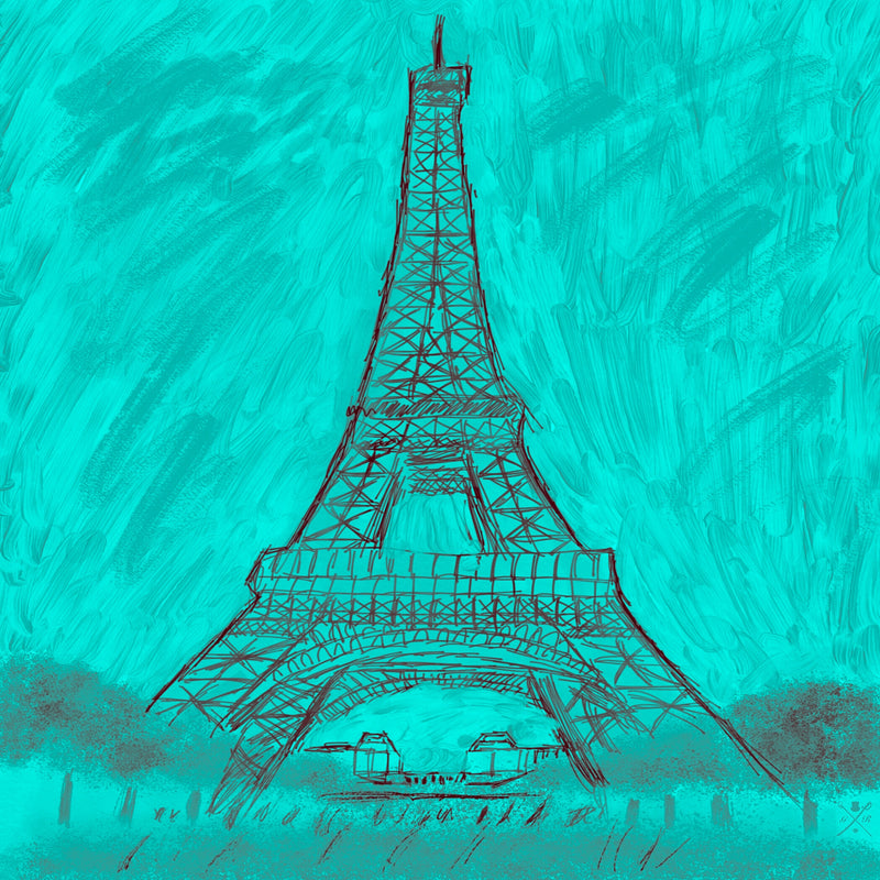 Sketched image of Eiffel Tower in black on a dawn background
