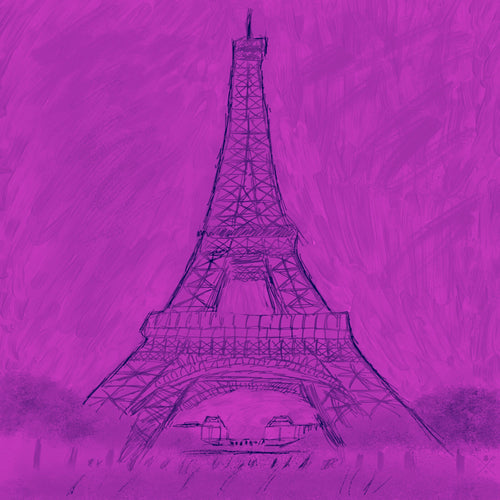 Sketched image of Eiffel Tower in dark purple on purple background