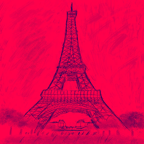 Sketched image of Eiffel Tower in navy blue on red background