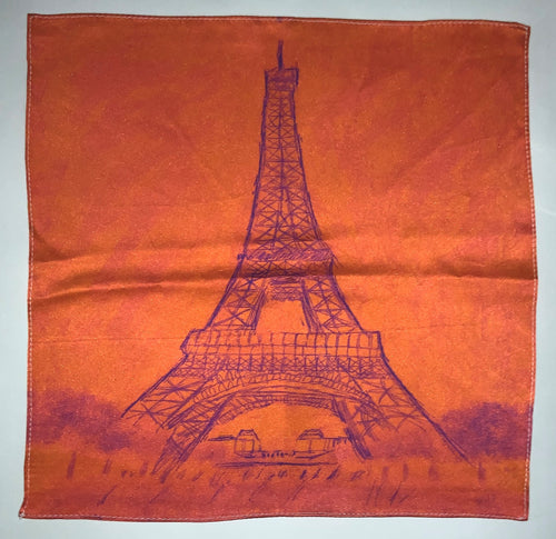 Sketched image of Eiffel Tower in purple on orange background