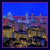 Silk pocket square with image of Montreal city skyline in shakes of indigo, pink, and gold