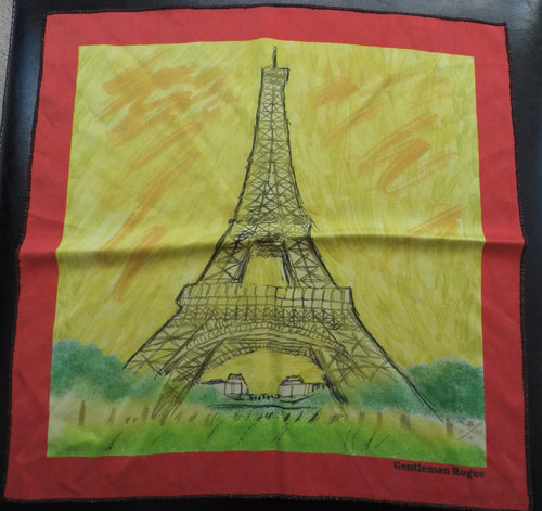 Sketch of Eiffel Tower on yellow background with green trees at base and red border