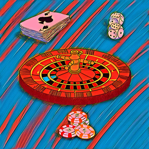 Pocket square with roulette wheel, deck of cards, dice and poker chips on a blue background with red stripes