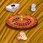 Pocket square with roulette wheel, deck of cards, dice and poker chips on a light gold background