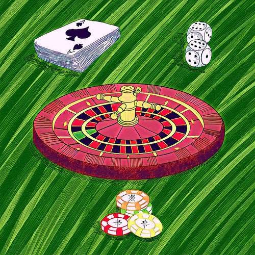 Pocket square with roulette wheel, deck of cards, dice and poker chips on a bright green background