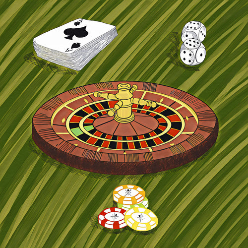 Pocket square with roulette wheel, deck of cards, dice and poker chips on a dark green background