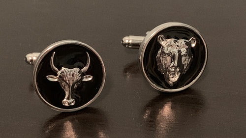 Silver bull and bear cufflinks with black enamel background