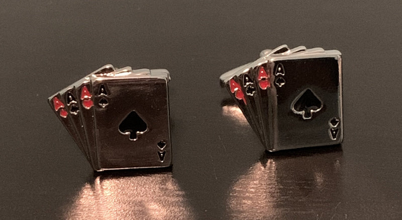 Four aces cufflinks in silver with red heart and diamond logos and front black ace of spades