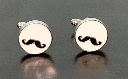 Black vintage Gentleman's handle bar moustache cufflinks in white enamel circle with silver edge cufflinks