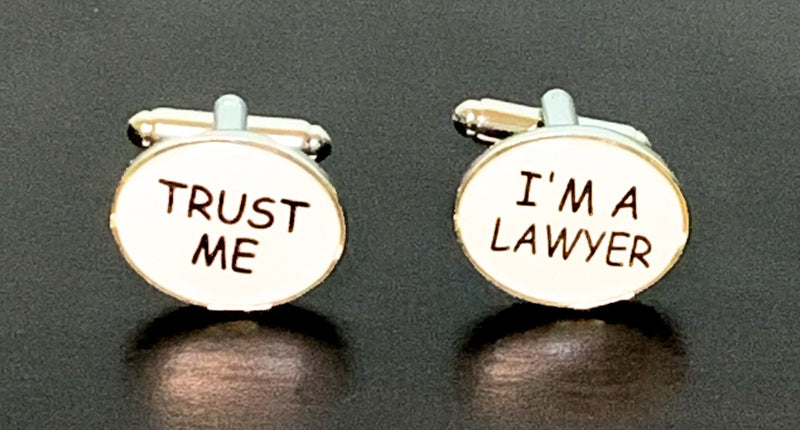 Trust Me I'm A Lawyer white enamel cufflinks with silver outline