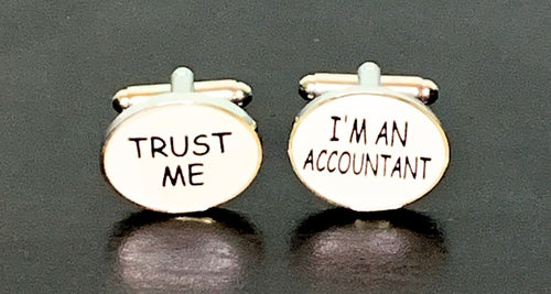 Trust Me I'm An Accountant white enamel cufflinks with silver outline