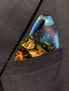 Pocket square with an image of the Plaza Mayor in Madrid with buildings in background and horse statue on pedestal in foreground in blue, black, brown and gold.