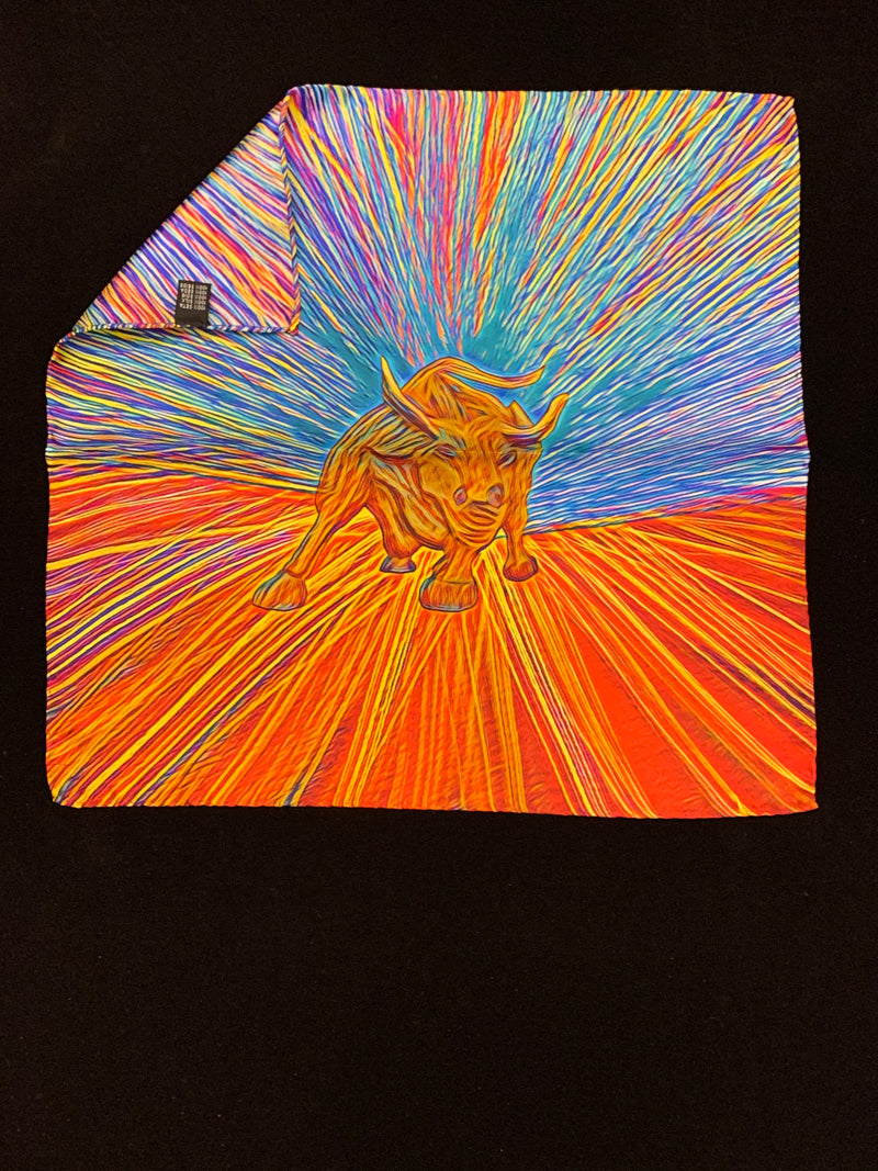 Image of gold Wall Street bull on background of red, orange, yellow, teal and purple starburst