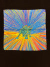 Image of turquoise Wall Street bull on background of yellow, teal, aqua and pink starburst