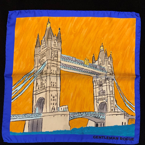 Sketched image of Tower Bridge in London in sandstone against an orange sky with a blue border