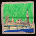 Sketch of the houses of Parliament against a green sky with a silver border