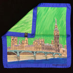 Sketch of the houses of Parliament against a green sky with a blue border
