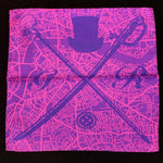 Pocket square with vector image of London city map in magenta with Gentleman Rogue logo superimposed on top