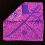 Pocket square with vector image of London city map in magenta with Gentleman Rogue logo superimposed on top