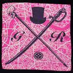 Pocket square with vector image of London city map in pink with Gentleman Rogue logo superimposed on top