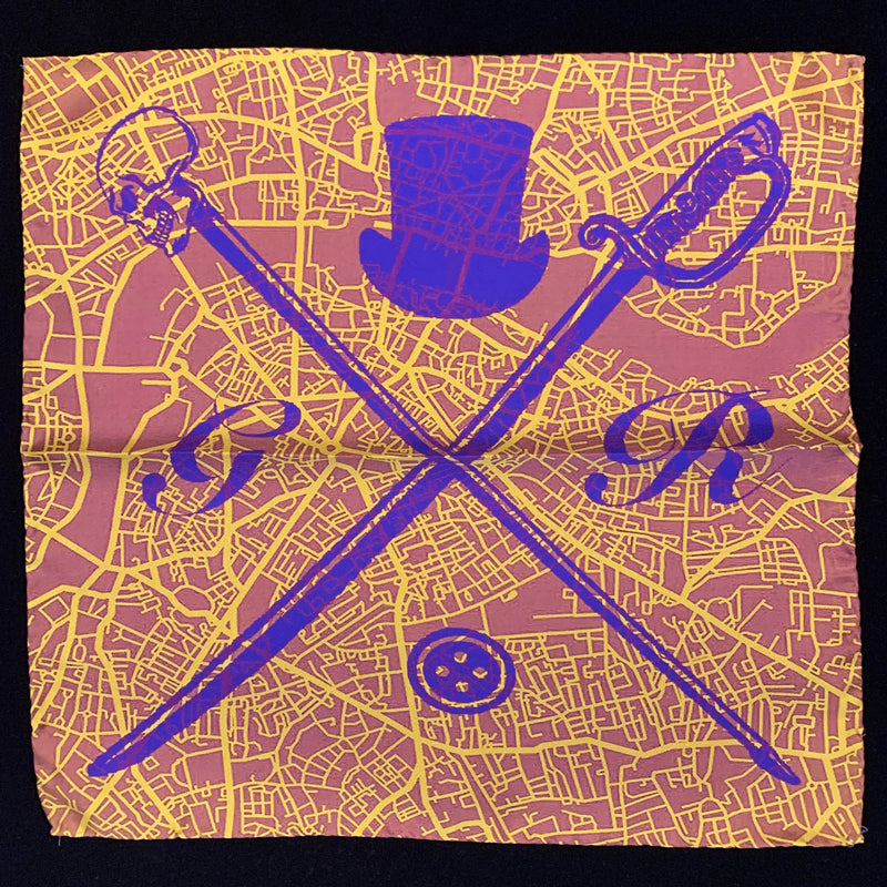 Pocket square with vector image of London city map in gold with Gentleman Rogue logo superimposed on top