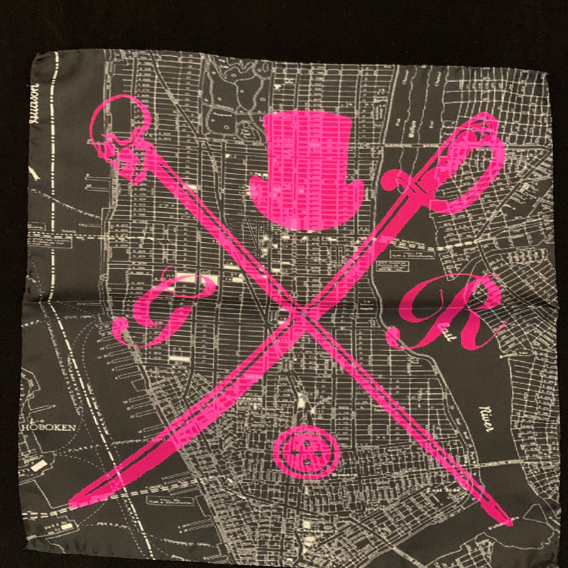 Black and white vector map of New York city with the Gentleman Rogue logo superimposed on it in hot pink