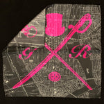 Black and white vector map of New York city with the Gentleman Rogue logo superimposed on it in hot pink