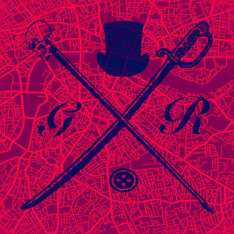 Pocket square with vector image of London city map in red with Gentleman Rogue logo superimposed on top