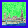 Sketch of the houses of Parliament against a green sky with a blue border