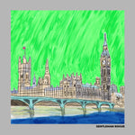 Sketch of the houses of Parliament against a green sky with a silver border