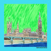Sketch of the houses of Parliament against a green sky with a sky blue border