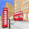 Hand drawn sketch of red London phone booth and red double decker bus with sandstone buildings and blue sky