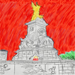 Sketch of Queen Victoria monument in grey on red sky background