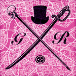Pocket square with vector image of London city map in pink with Gentleman Rogue logo superimposed on top