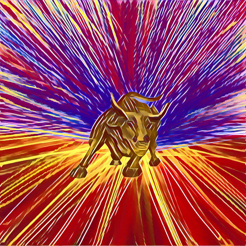 Image of bronze Wall Street bull on background of red, gold, indigo and purple starburst