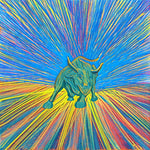 Image of turquoise Wall Street bull on background of yellow, teal, aqua and pink starburst