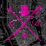 Black and white vector map of New York city with the Gentleman Rogue logo superimposed on it in hot pink