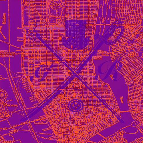 Vector map of New York in orange and purple with the Gentleman Rogue logo superimposed on it in purple