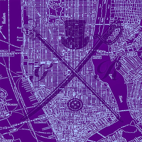 New York city vector map in purple with the Gentleman Rogue logo superimposed on top