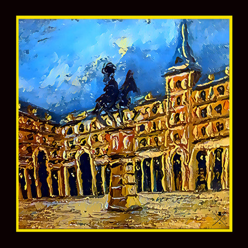 Ladies scarf with an image of the Plaza Mayor in Madrid with buildings in background and horse statue on pedestal in foreground in blue, black, brown and gold.