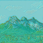 Ladies scarf with image of mountains in teal, green and gold